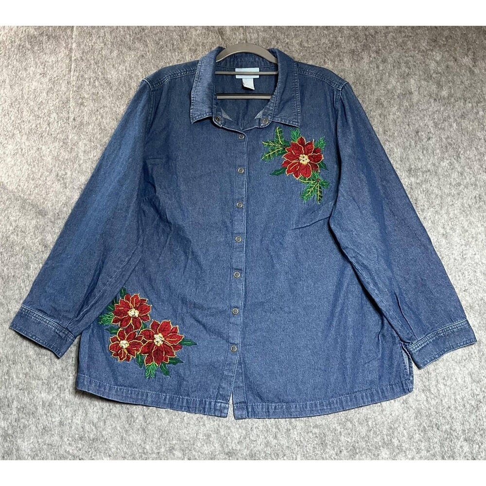 Liz & Me Shirt Womens Plus 1X Blue Denim Embroidered Poinsettias Christmas Party